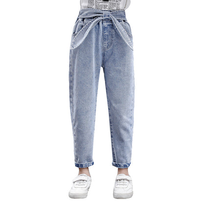 Jean Enfant Taille Haute avec Ceinture Noeud – Style Décontracté et Moderne